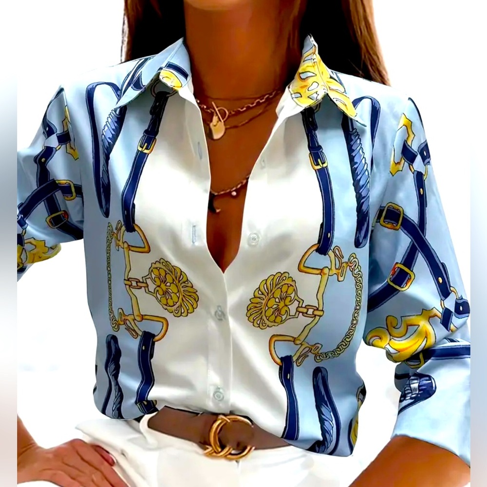 Hermes scarf inspired button up blouse.